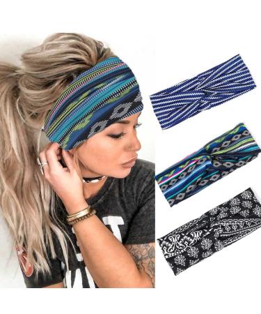 Zoestar Boho-front straps with cross pattern striped yoga headscarf twisted bandeau head wrap vintage style stylish hair bands elastic fashionable hair accessories for women and girls (3 pieces)