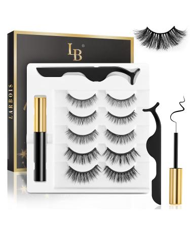 Magnetic Eyelashes Larbois 5 Paires Mangetic Lashes Natural Look with Magnetic Eyeliner Self Adhesive&Reusable Fake Eyelashes With Applicator and Tweezers Kit Waterproof Long-Lasting No Glue Needed A-Black-5paire