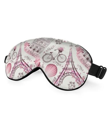 Paris Symbols Sleep Mask Eye Mask Romantic Trip Balloon Bike Pink Sleep Mask Light Blocking Adjustable Smooth Soft Eye Masks for Women Deep Rest Travel