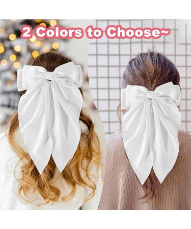 FEXPDL White Bow Hair Clip 2 Pcs Hair Bows for Women Bow Clips with Long Silky Satin Hair Slides Solid Color Bowknot Hairpin Hair Barrettes Scrunchies Accessories(White) - Buy Online on GoSupps.com