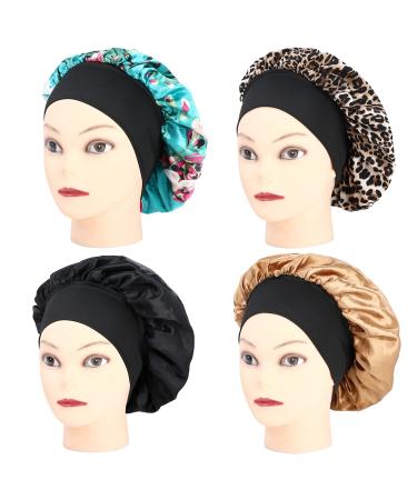 Xieklpwy 4 Pcs Satin Hair Bonnets for Women, Wide Elastic Band Sleep Cap, Adjustable Satin Cap for Sleeping, Night Sleeping Head Cover