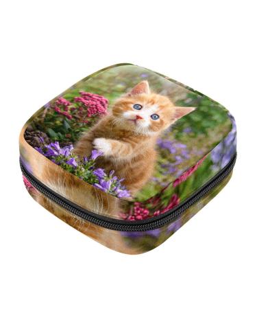 Menstruation pad bag with zipper women's napkin bag tampons collective bags for women and girls (cute cat kitten that plays with flowers)