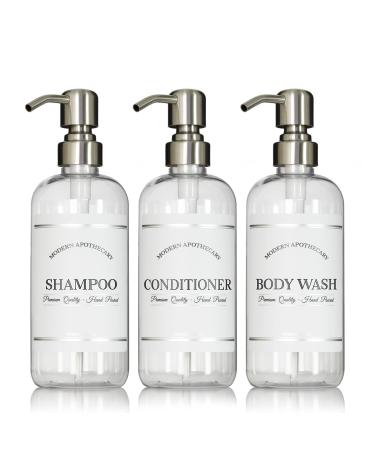 Clear Refillable Shampoo and Conditioner Bottles - Body Wash, Shampoo and Conditioner Dispenser - PET Plastic Shampoo Bottles Refillable with Pump - Waterproof Labels - 16 oz, 3 Pack (Stainless Steel) Stainless Steel Pumps