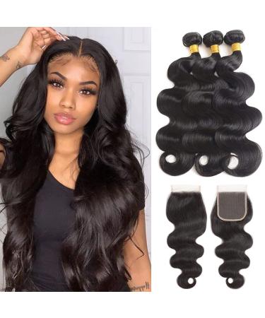 Body Wave Bundles with Closure(16 18 20 +14 )100% Unprocessed Brazilian Virgin Human Hair Body Wave Bundles with 4x4 Lace Closure Natural Black Color 16 18 20 +14 Inch