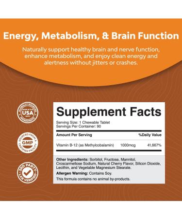 Chewable Vitamin B12 1000mcg - Methylated Vegan Vitamin for Brain Support & Natural Energy - Halal, Bone Health, Eye Care, Mood Boost - Hair, Skin, Nails - Buy Online on GoSupps.com