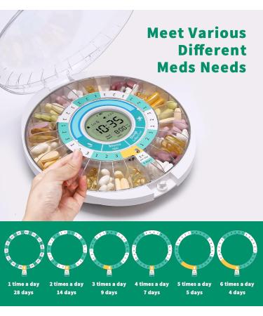 Bluetooth Smart Automatic Pill Dispenser - 28 Day Electronic Medication Organizer for Elderly with Alarm & Timed Dispensing - White & Green - Buy Online on GoSupps.com