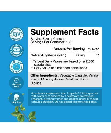NAC Supplement 600mg | Vegan N-Acetyl Cysteine Capsules | Liver Detox Lung Health & Immunity Support | 180ct - Buy Online on GoSupps.com