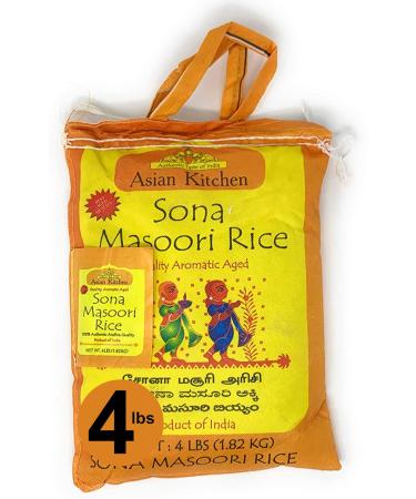 Asian Kitchen White Sona Masoori Aged Rice 4-Pound Bag, 4lbs (1.81kg) Short Grain Rice  All Natural | Gluten Friendly | Vegan | Indian Origin | Export Quality White 4 Pound (Pack of 1)