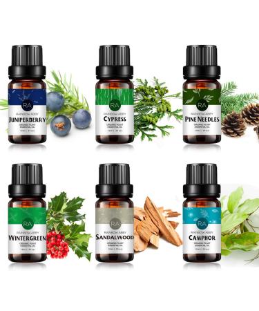 Essential Oils Set - Top 6 for Diffusers Candle Making Scents Fragrance Aromatherapy Gifts - Sandalwood Camphor Pine Needles Juniper Cypress Wintergreen (10mL) Woodland & Herbal
