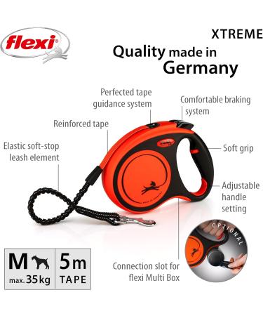 Flexi Xtreme Tape Orange & Black Medium 5m Retractable Dog Leash/Lead for dogs up to 35kgs/77lbs Orange & Black Medium (5m) - Buy Online on GoSupps.com