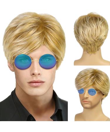 Tshaoun men blonde wig short men's wig curled men's boy band wig costume pony natural short wigs with sunglasses 70s 80s disco daily halloween carnival wig (blonde) - Buy Online on GoSupps.com