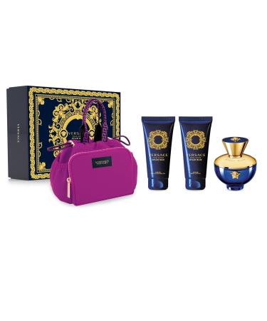 Versace Dylan Blue for Women - 4 Pc Gift Set - 3.4oz EDP Spray 3.4oz Sublime Body Lotion 3.4oz Sublime Bath and Shower Gel Makeup Case