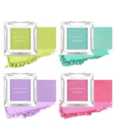 BEPHOLAN 4 PCS Matte Eyeshadow Palette Purple Pink Light Blue and Green Single Eye Shadow Powder Eyeliner High Pigment Eyeshadow Palette for Eye Makeup MACARON