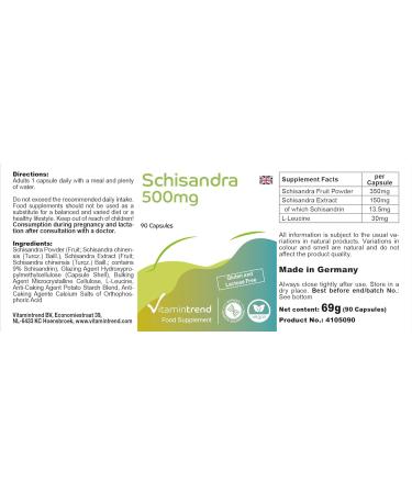 Schizandra 500mg with 135mg schisandrine 90 capsules high dosage vegan bioavailable supplements from Germany Vitamin trend - Buy Online on GoSupps.com
