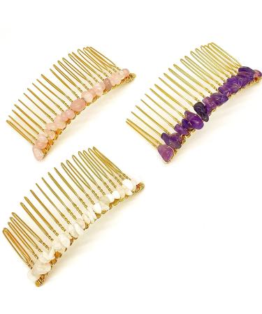 Handmade Rose Quartz, Amethyst, Moonstone Hair Comb Set - Crystal Hair Accessories for Women - Buy Online on GoSupps.com