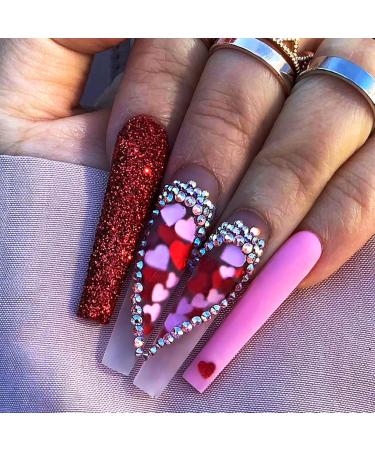Brishow red artificial nails to stick on press on nails with heart rhinestone long wrong nails ballerina acrylina acrylic fake nails 24 pieces for women and girls
