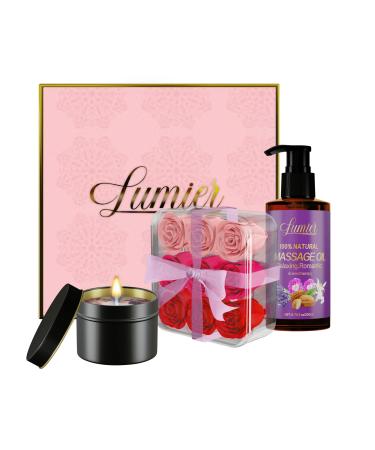 LUMIER Romantic Gift Basket - Relaxing Gift Box for Couples - Getaway Kit with Soap Roses  Massage Oil  Shower Steamer Tablets  Candle - Pamper Yourself - Date Night - Fun Travel Gift Baskets - Birthdays