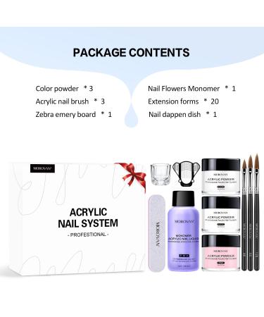 Morovan Acrylic Nail Kit - Beginner Set with Acrylic Powder, Monomer Liquid, Brush, Nail Forms, Tips - A-White Pink Clear - Buy Online on GoSupps.com