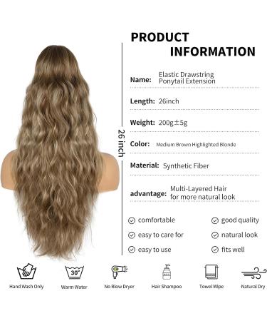26 Inch Natural Drawstring Ponytail Extension | Long Wavy Synthetic Hair | Medium Brown Highlighted Blonde | For Daily Use - Buy Online on GoSupps.com