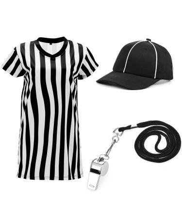 Geyoga Women's Referee Necessities Bundle Include Women's V Neck Officials Black and White Striped Official Jersey Shirt, Umpire Hat, Stainless Steel Ref Pea Whistle with Lanyard Small