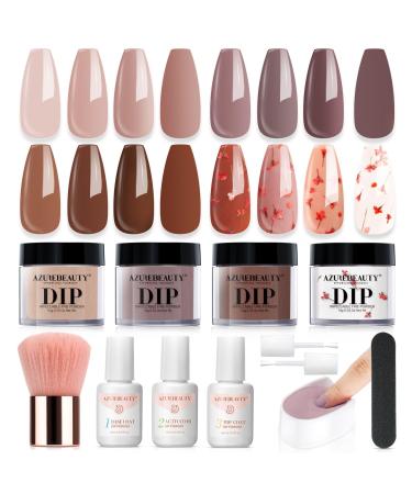 AZUREBEAUTY Floral Dip Powder Nail Kit Starter Fall Winter Nude Brown Grey Dipping Powder Liquid Set with Base Top Coat Activator Dip Dried Flowers for French Nails Art Manicure DIY Salon