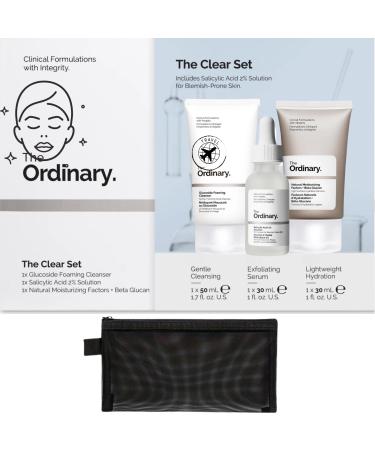 Ordinary Skincare Set for Blemish-Prone Skin - Includes Glucoside Foaming Face Cleanser Salicylic Acid 2% Solution Natural Moisturising Factors + Beta Glucan and Wishesla Black Mesh Cosmetic Bag