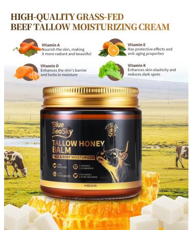 Blue Sea Sky Beef Tallow for Skin Handmade Whipped Beef Tallow for Face Cream Body & Face Moisturizer with Organic Grass-Fed Beef Tallow and Honey Balm Natural Formula for Dry & Sensitive Skin (4/OZ Unscented--Raw Honey - Buy Online on GoSupps.com