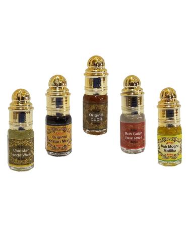 Indra Sugandh Bhandar Natural Attar Perfume Set 5 Fragrances 3ml Each Sandalwood Kasturi Oudh Rose Mogra