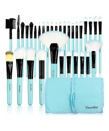 Makeup Brushes Set  32pcs Blue Premium Cosmetic Make Up Brushes Foundation Blending Blush Concealer Shader Eyeshadow Eyeliner Compatible withTravel Makeup Bag