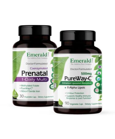 Emerald Labs Bundle with Prenatal 1-Daily Multi (60 Veg Caps) & PureWay-C (90 Veg Caps) - Prenatal Multivitamin with Methylated Folate Iron & More* - Vitamin C Supplement with R-Alpha Lipoic Acid*