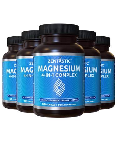 Zentastic 4-in-1 Magnesium Complex - Chelated Magnesium Glycinate Malate Taurate & Lactate - High Absorption for Healthy Muscles Heart Bones - Magnesium Supplement - 600 Magnesium Capsules