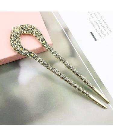 Vintage Crystal Rhinestone Double Prong Hair Stick Set - Champagne & Blue | Hairstyle Chignon Hairpin - 2 Pcs - Buy Online on GoSupps.com