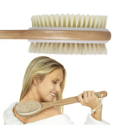 Vive Back Scrubber Brush for Shower - for Dry or Wet Body Brushing - Long Handle - Cleaning Lymphatic Drainage Handled Washer for Men  Women - Showering Bathing Exfoliator with Soft & Stiff Bristles Light Wood