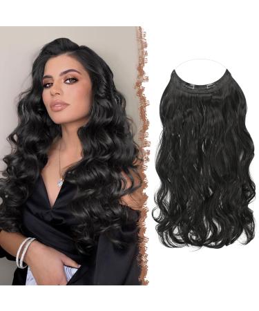 Feshfen Invisible Hair Extensions Secrets Hair extensions with wire natural black synthetically adjustable curly hair Long wavy secret hair part for women 45cm 45 cm-h01 natural black-h01
