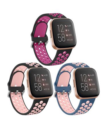 3 Pack Silicone Bands Compatible with Fitbit Versa 2 / Fitbit Versa/Versa Lite/Versa SE, Soft Breathable Sport Replacement Wristbands for Fitbit Versa Smart Watch Women Men (Small, Pack C) Black/Rose Purple+Black/Pink+Purp…