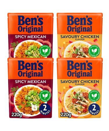 Savoury Chicken Microwave Rice 220g x2 & Spicy Mexican Microwave Rice 220g x2-Bundle Consisting of Ben's Original Microwave Rice x4 Pack