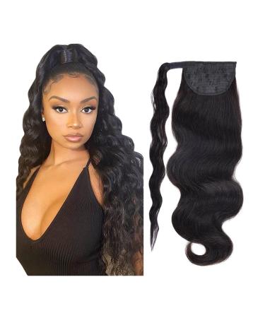 Hair Chignon for Women 12-26 Inches Long Wavy Ponytail Extensions Brazilian Human Hair Wraparound Ponytail Wig Hair Bun for Black Women Messy Bun Hair Piece (Color : Black Wavy Size : 16inch 100g) 16inch 100g Black Wavy