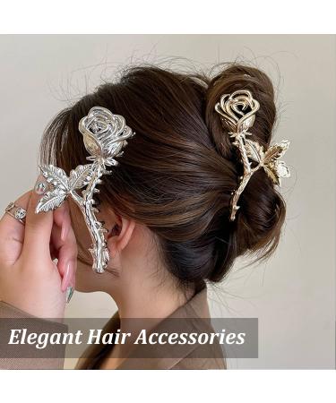 2Pcs Metallic Rose Hair Claw Clips - Medium Size Elegant Floral Barrettes for Women with Thick or Thin Hair - Strong Hold and Stylish Hair Accessory - Buy Online on GoSupps.com