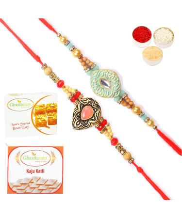 Ghasitaram Gifts Rakhi for Brother Rakhis Online - Set of 2 8469 8487 Premium Rakhis with 200 GMS of Besan Barfi and 200 GMS of Kaju Katli