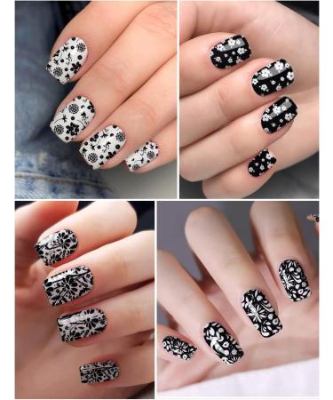 EBANKU Black White Full Wraps Nail Stickers 12 Sheets Flower Butterfly Retro Pattern Decals French Classic Simple Self Adhesive Decals for Girl Women Nails Art DIY Decoration (Flowers) - Buy Online on GoSupps.com