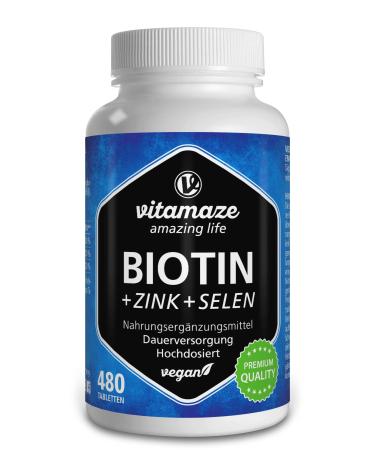 Biotin Hair Growth 10.000 mcg Complex - with Selenium and Zinc - 480 Days Supply for Hair Skin and Nails - 480 Vegan Tablets - German Quality - Vitamaze 480 tablets