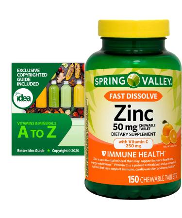 Spring Valley Fast Dissolve Zinc with Vitamin C Chewable Tablets Orange 150 Ct Bundle with Exclusive Vitamins & Minerals - A to Z - Better Idea Guide (2 Items) 300.0 Servings (Pack of 1)