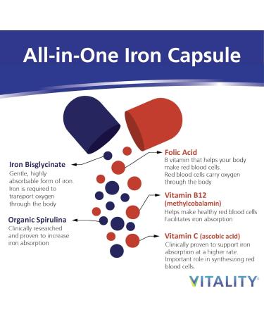 VITALITY Power Iron Organic Spirulina Boosts Energy with Iron Bisglycinate Vitamin B12 Build Blood Boost Energy 60 Capsules - Buy Online on GoSupps.com