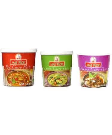 Mae Ploy Red Curry Paste, Green Curry Paste and Panang Curry Paste Set. Great Cooking Gift.