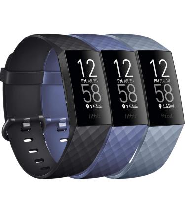 Pack 3 Silicone Bands for Fitbit Charge 4 / Fitbit Charge 3 / Charge 3 SE Replacement Wristbands for Women Men Small Large(Without Tracker) (Small: for 5.5"-7.1" Wrists, Black+Navy Blue+Slate Grey) Small: for 5.5"-7.1"wris
