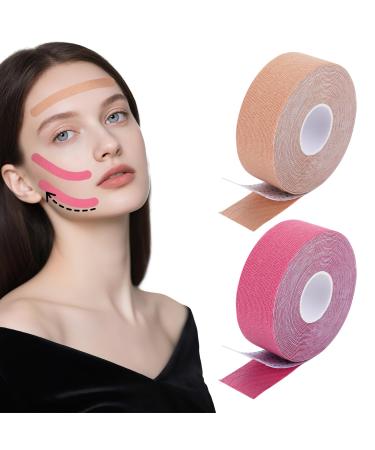 2 Rouleaux de Ruban Adh sif pour le Visage Ruban pour le Visage la Bouche Contre les Rides la Ligne Du Lion le Resserrement du Ruban Anti-Rides High Elastic Kinesiologie-Tape 2 Couleur Couleur de la peau Rose