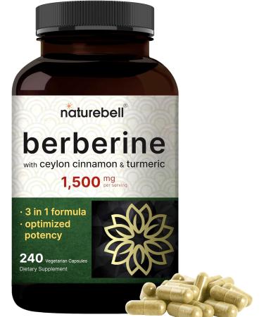Naturebell Berberine HCL 1500mg | 240 Capsules, 3-in-1 Support, 97% Berberine Plus True Ceylon Cinnamon & Bitter Melon | Third Party Tested - Wild Harvest - High Bioavailable Berberine Supplement