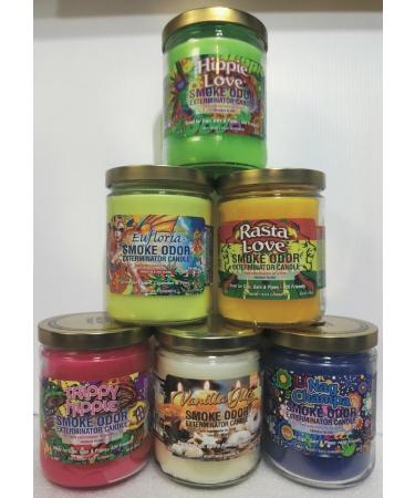 Smoke Odor Exterminator 13 oz Jar Candle Hippie Love Set of 6 Candles. Includes Hippie Love Eufloria Vanilla Glitz Trippy Hippie Rasta Love Nag Champa.
