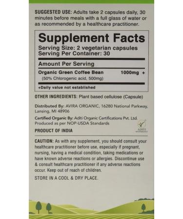 Avira Organic Green Coffee Bean Ext-1000 | USDA Organic Extract 50% Chlorogenic Acid | Non-Stimulant Formula for Weight Loss & Metabolism | Non-GMO | Allergen Free | Max Strength 1000mg Per Serving - Buy Online on GoSupps.com