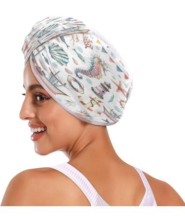 Marine Pattern Dry Hair Cap Set | 2-Piece Quick Drying Towel & Button Headband | Super Absorbent & Soft Comfort - Buy Online on GoSupps.com